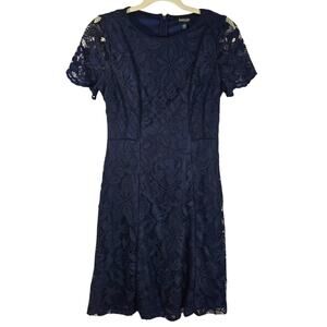 M Kensie Lace Navy Dress Floral Short Sleeve Women's Size 4 Black Trim Fit Flare